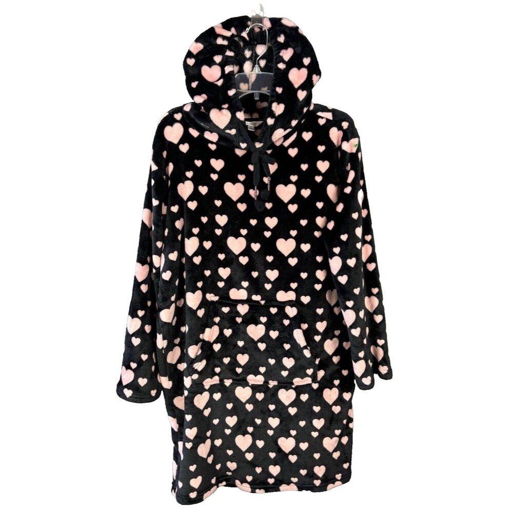 Wildfox Plush Hooded Robe Lounger Black Pink Hearts Long Sleeve Women Size S/M